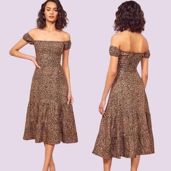 Reformation Linen Midi Dress Leopard Size 2 Small Brown Animal Print Boho NWOT - Picture 1 of 11